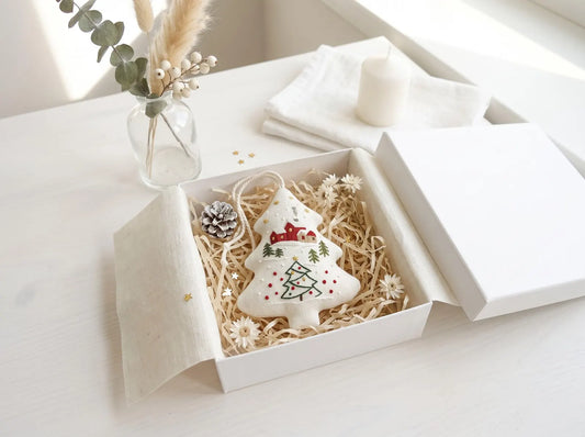 Hand Embroidered Christmas Tree Ornament, Linen Winter Village Ornament, Rustic Red House Holiday Decor, Handmade Keepsake Gift