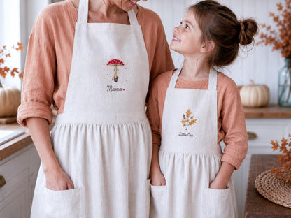 Personalized Mommy and Me Aprons, Matching Linen Apron Set, Hand Embroidered Mushroom & Autumn Leaves, Custom Name Mother Child Gift