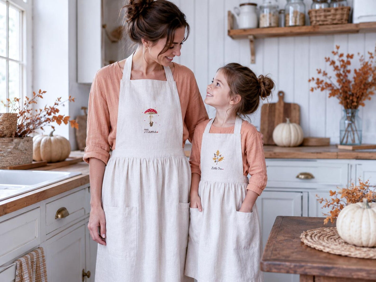 Personalized Mommy and Me Aprons, Matching Linen Apron Set, Hand Embroidered Mushroom & Autumn Leaves, Custom Name Mother Child Gift
