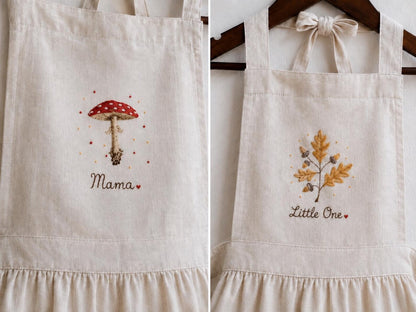 Personalized Mommy and Me Aprons, Matching Linen Apron Set, Hand Embroidered Mushroom & Autumn Leaves, Custom Name Mother Child Gift