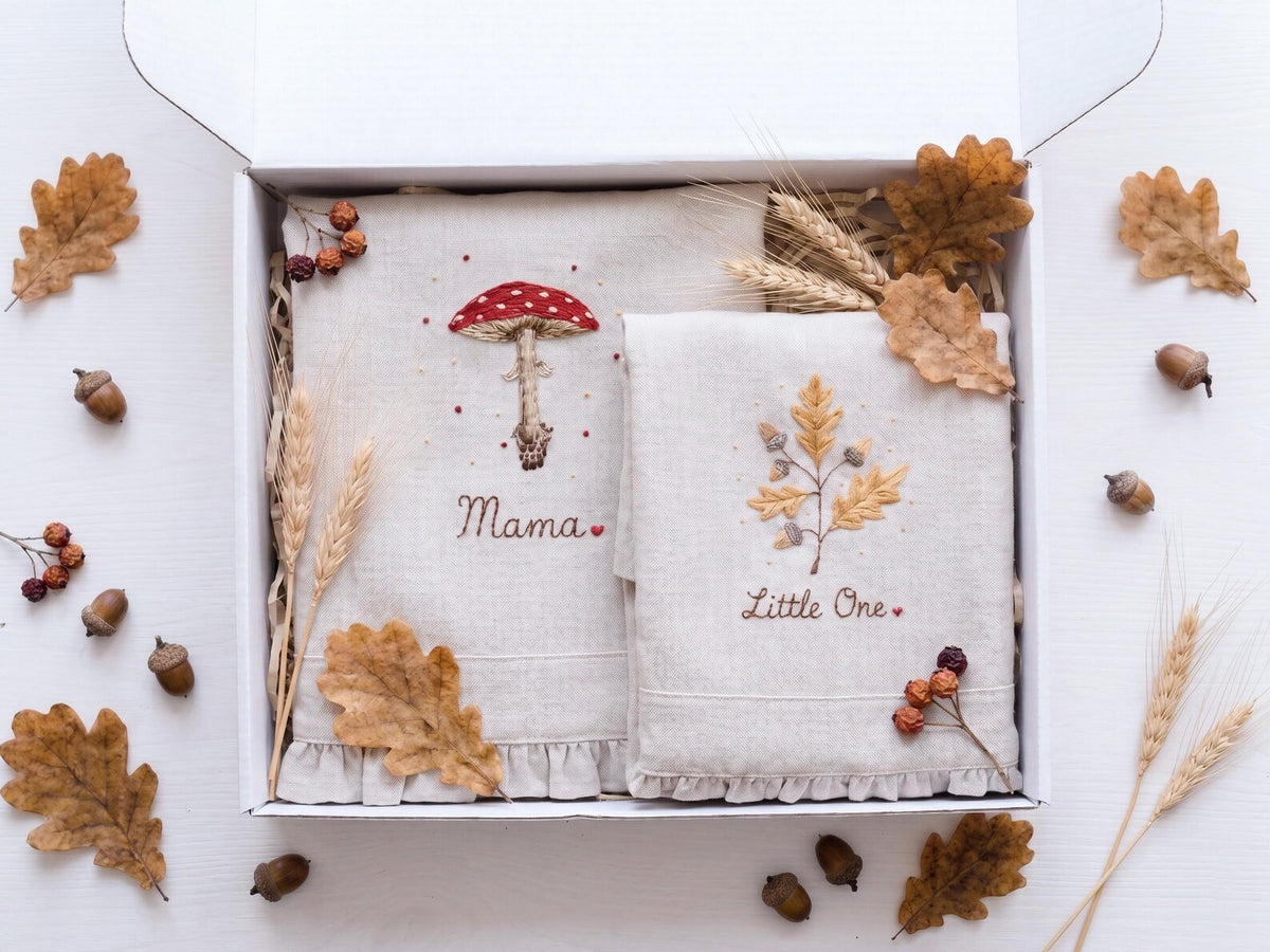 Personalized Mommy and Me Aprons, Matching Linen Apron Set, Hand Embroidered Mushroom & Autumn Leaves, Custom Name Mother Child Gift