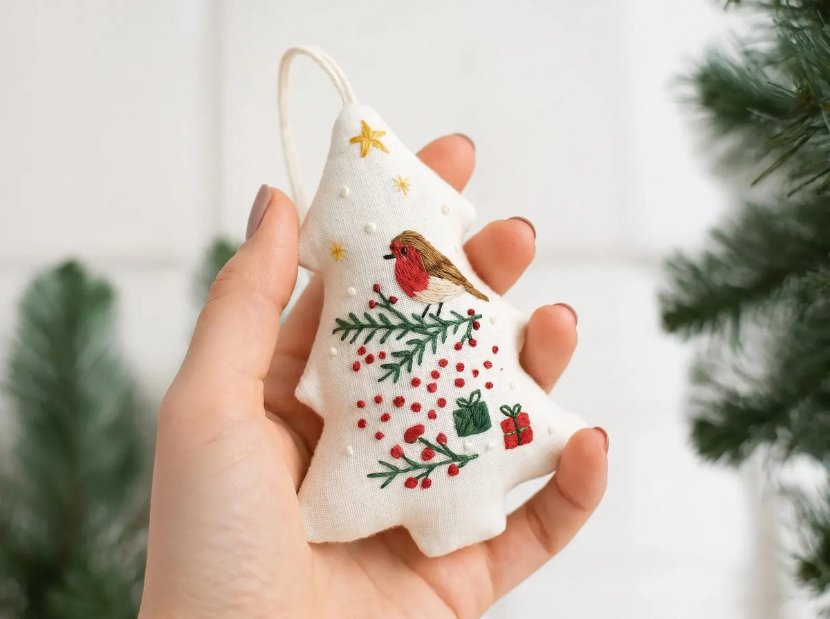 Hand Embroidered Robin Bird Christmas Ornament, Stuffed Linen Tree Ornament, Woodland Holiday Decor, Handmade Christmas Gift