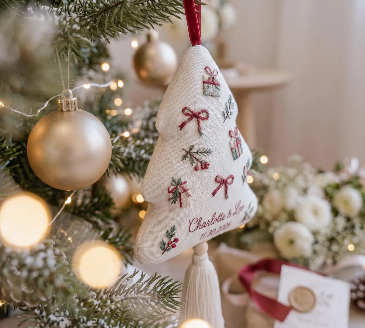 Personalized Christmas Tree Wedding Ornament, Hand Embroidered Gift Boxes Bows, Custom Names & Date, Newlywed Keepsake Gift Holiday Decor