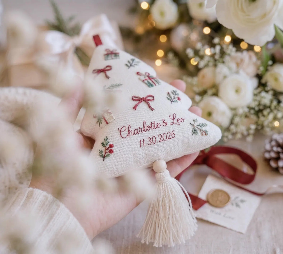 Personalized Christmas Tree Wedding Ornament, Hand Embroidered Gift Boxes Bows, Custom Names & Date, Newlywed Keepsake Gift Holiday Decor