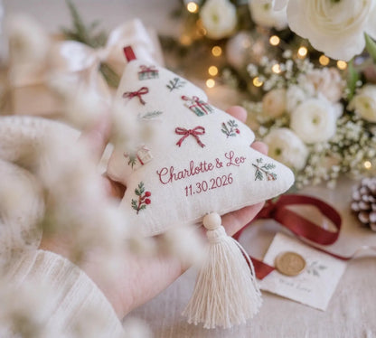 Personalized Christmas Tree Wedding Ornament, Hand Embroidered Gift Boxes Bows, Custom Names & Date, Newlywed Keepsake Gift Holiday Decor