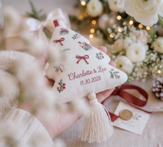 Personalized Christmas Tree Wedding Ornament, Hand Embroidered Gift Boxes Bows, Custom Names & Date, Newlywed Keepsake Gift Holiday Decor