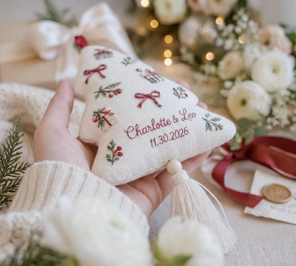 Personalized Christmas Tree Wedding Ornament, Hand Embroidered Gift Boxes Bows, Custom Names & Date, Newlywed Keepsake Gift Holiday Decor