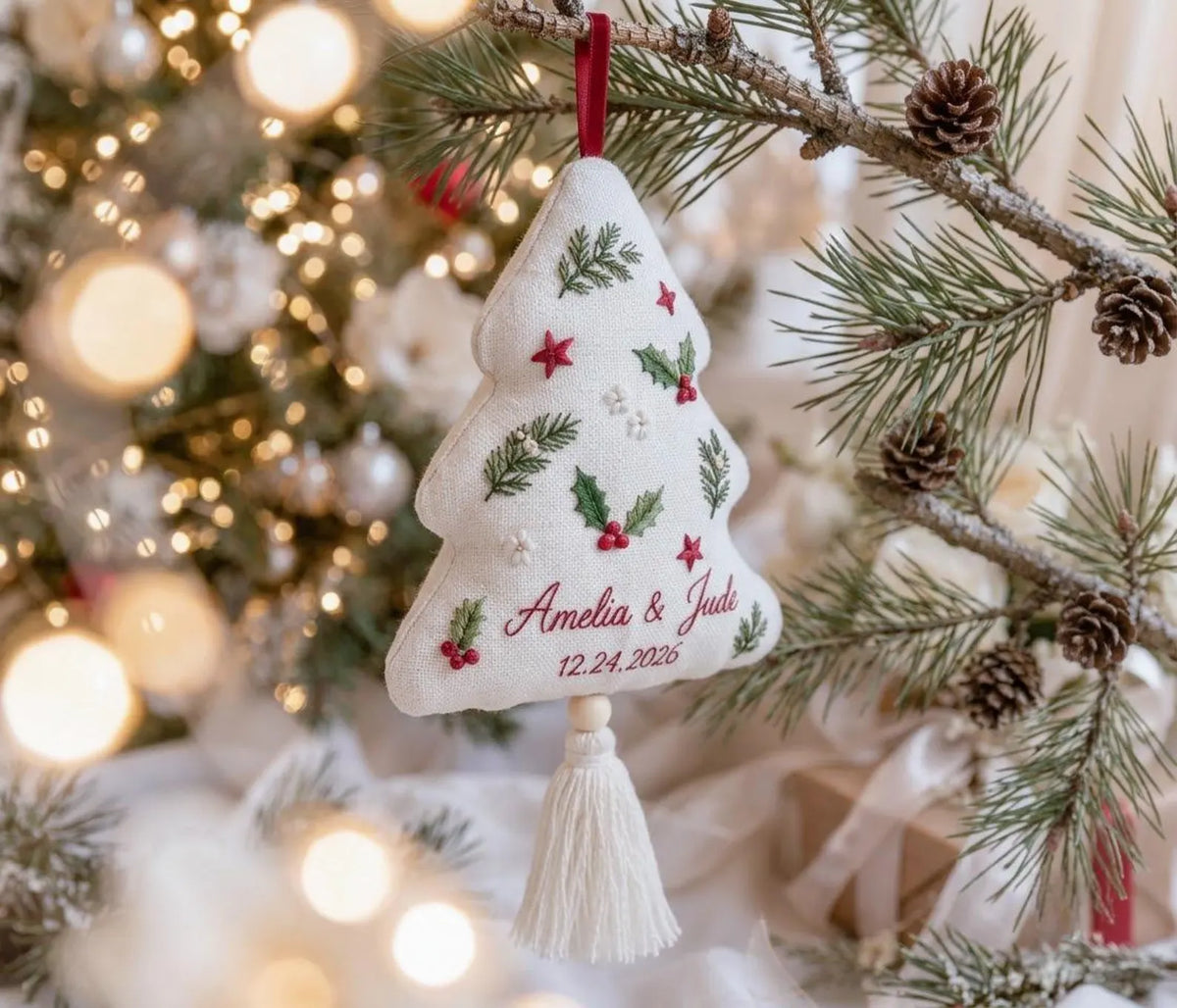 Personalized Christmas Ornament, Wedding Ornament, Hand Embroidered Holly & Pine, Custom Names Date, First Christmas Married Newlywed Gift
