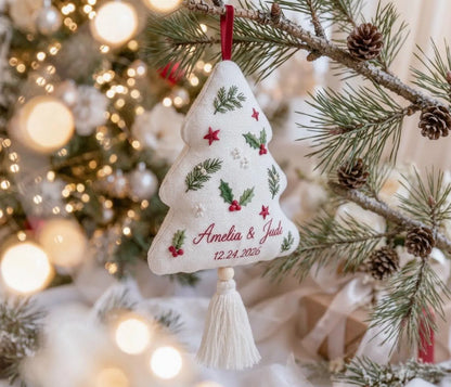 Personalized Christmas Ornament, Wedding Ornament, Hand Embroidered Holly & Pine, Custom Names Date, First Christmas Married Newlywed Gift
