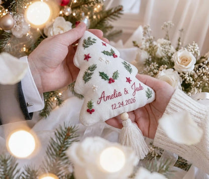 Personalized Christmas Ornament, Wedding Ornament, Hand Embroidered Holly & Pine, Custom Names Date, First Christmas Married Newlywed Gift