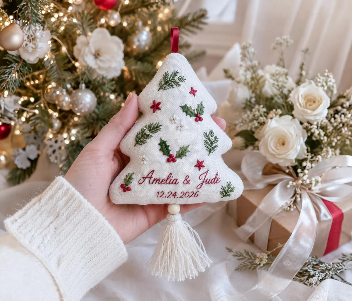 Personalized Christmas Ornament, Wedding Ornament, Hand Embroidered Holly & Pine, Custom Names Date, First Christmas Married Newlywed Gift