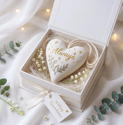 Personalized Wedding Heart Ornament – Hand Embroidered Linen Keepsake with Names & Date – Custom Wedding Christmas Gift Decoration