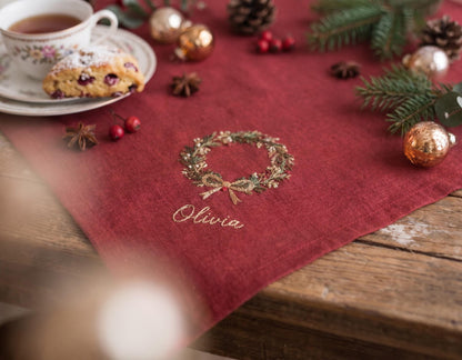 Personalized Christmas Linen Napkin Set of 3, Hand Embroidered Pine, Mistletoe & Wreath, Custom Name, Christmas Table Decor, Holiday Gift