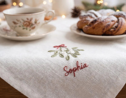 Personalized Christmas Linen Napkin Set of 3, Hand Embroidered Pine, Mistletoe & Wreath, Custom Name, Christmas Table Decor, Holiday Gift
