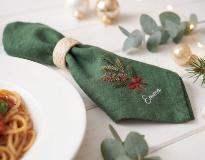 Personalized Christmas Linen Napkin Set of 3, Hand Embroidered Pine, Mistletoe & Wreath, Custom Name, Christmas Table Decor, Holiday Gift