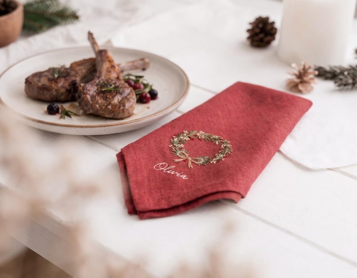 Personalized Christmas Linen Napkin Set of 3, Hand Embroidered Pine, Mistletoe & Wreath, Custom Name, Christmas Table Decor, Holiday Gift