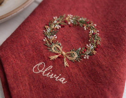 Personalized Christmas Linen Napkin Set of 3, Hand Embroidered Pine, Mistletoe & Wreath, Custom Name, Christmas Table Decor, Holiday Gift
