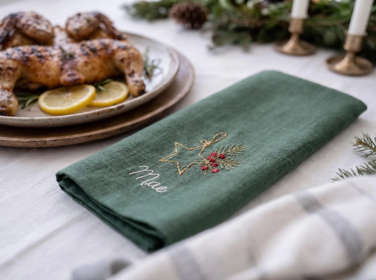 Personalized Christmas Linen Napkin Set of 6, Hand Embroidered Holiday Napkins, Custom Names, Christmas Table Decor, Host Gift