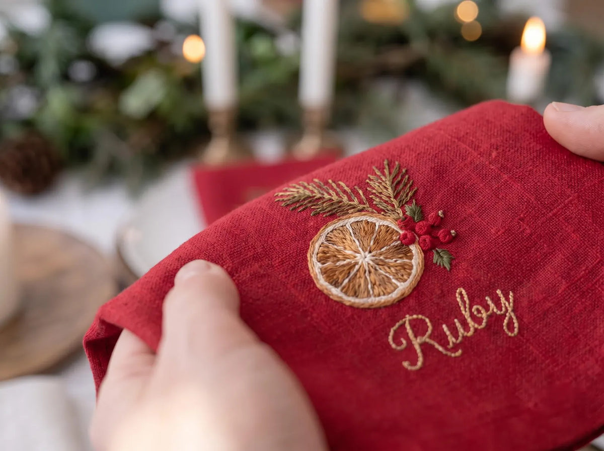 Personalized Christmas Linen Napkin Set of 6, Hand Embroidered Holiday Napkins, Custom Names, Christmas Table Decor, Host Gift