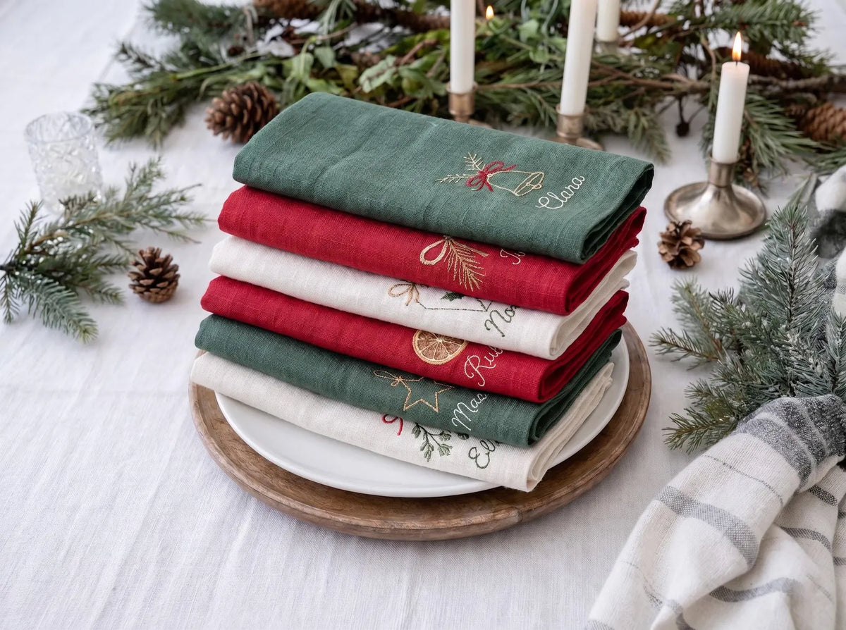 Personalized Christmas Linen Napkin Set of 6, Hand Embroidered Holiday Napkins, Custom Names, Christmas Table Decor, Host Gift
