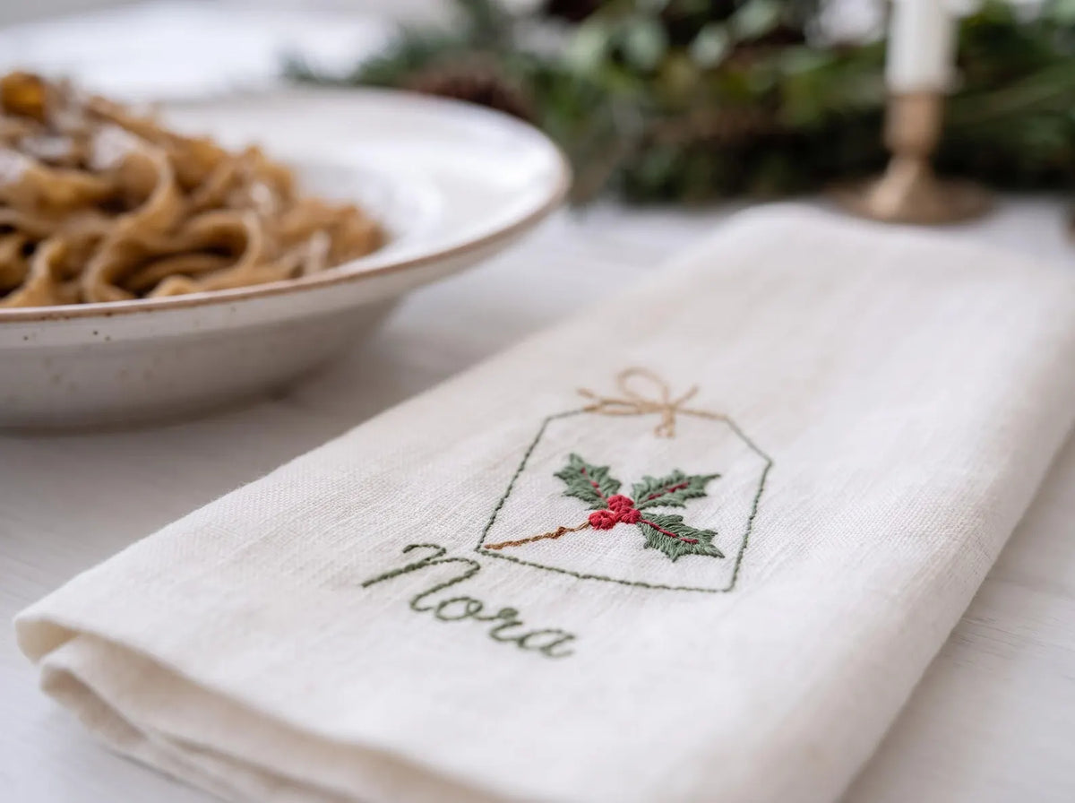 Personalized Christmas Linen Napkin Set of 6, Hand Embroidered Holiday Napkins, Custom Names, Christmas Table Decor, Host Gift