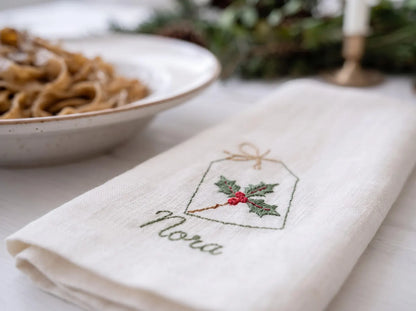 Personalized Christmas Linen Napkin Set of 6, Hand Embroidered Holiday Napkins, Custom Names, Christmas Table Decor, Host Gift