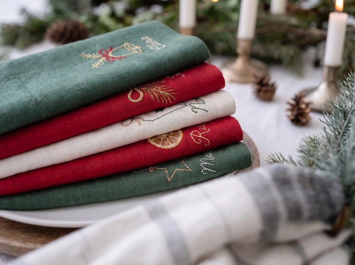 Personalized Christmas Linen Napkin Set of 6, Hand Embroidered Holiday Napkins, Custom Names, Christmas Table Decor, Host Gift