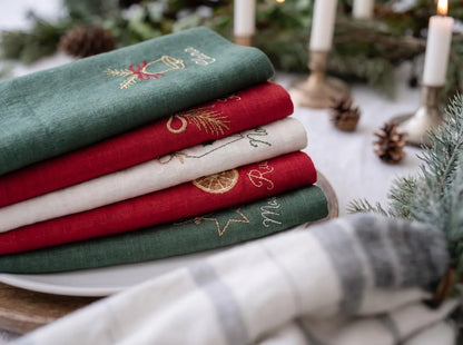 Personalized Christmas Linen Napkin Set of 6, Hand Embroidered Holiday Napkins, Custom Names, Christmas Table Decor, Host Gift