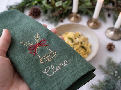 Personalized Christmas Linen Napkin Set of 6, Hand Embroidered Holiday Napkins, Custom Names, Christmas Table Decor, Host Gift