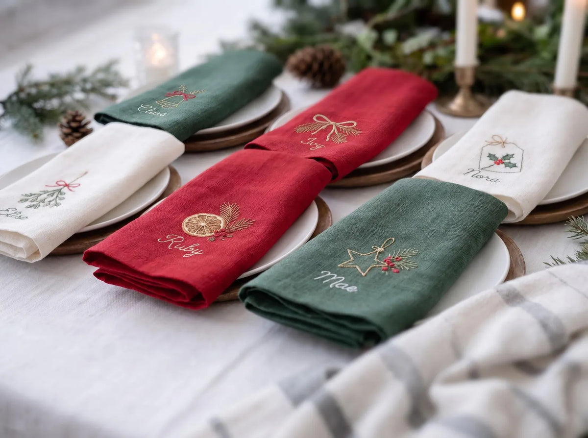 Personalized Christmas Linen Napkin Set of 6, Hand Embroidered Holiday Napkins, Custom Names, Christmas Table Decor, Host Gift
