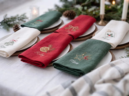Personalized Christmas Linen Napkin Set of 6, Hand Embroidered Holiday Napkins, Custom Names, Christmas Table Decor, Host Gift