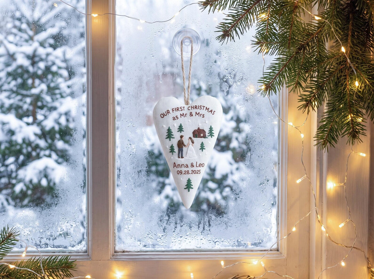 Personalized First Christmas as Mr & Mrs Ornament, Hand Embroidered Couple Heart, Custom Names Date, Newlywed Christmas Keepsake Gift 2026