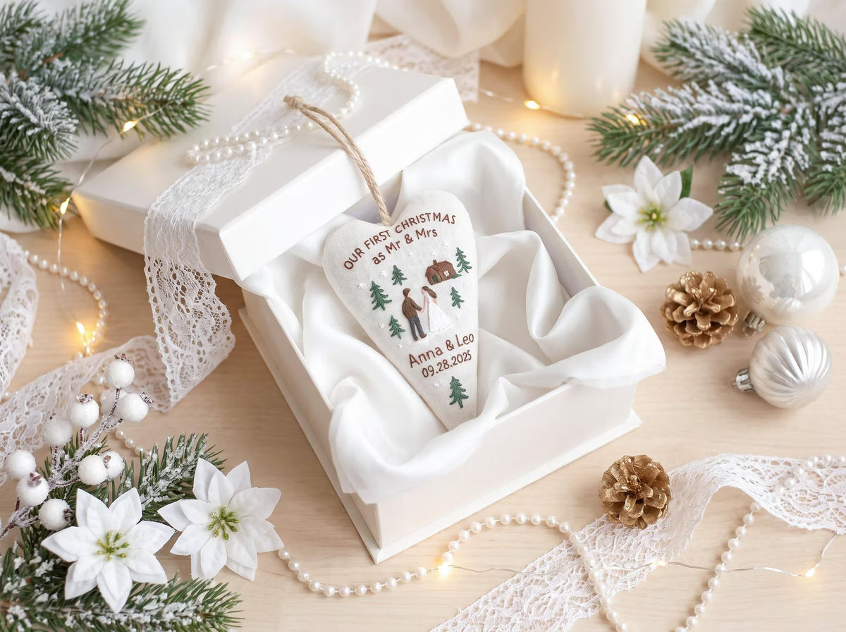 Personalized First Christmas as Mr & Mrs Ornament, Hand Embroidered Couple Heart, Custom Names Date, Newlywed Christmas Keepsake Gift 2026