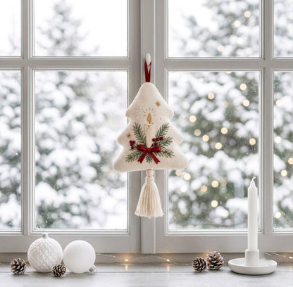 Hand Embroidered Christmas Tree Ornament, Candle & Pine Branches with Red Bow, Linen Tassel, Farmhouse Christmas Decor, Holiday Gift for Her