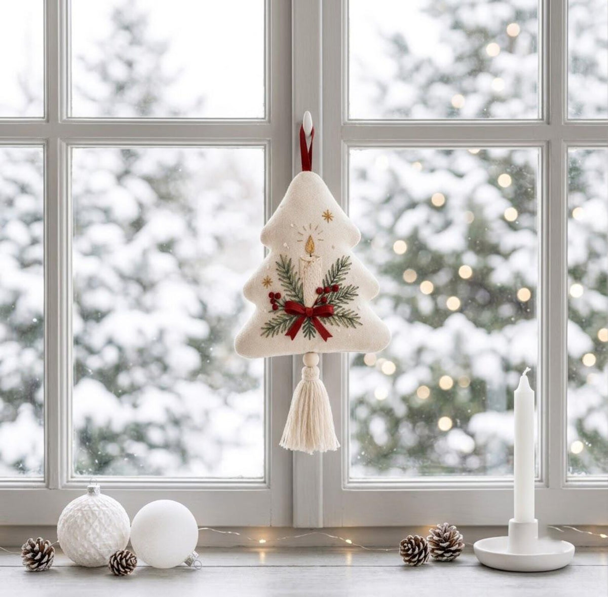 Hand Embroidered Christmas Tree Ornament, Candle & Pine Branches with Red Bow, Linen Tassel, Farmhouse Christmas Decor, Holiday Gift for Her