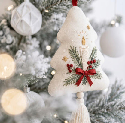 Hand Embroidered Christmas Tree Ornament, Candle & Pine Branches with Red Bow, Linen Tassel, Farmhouse Christmas Decor, Holiday Gift for Her