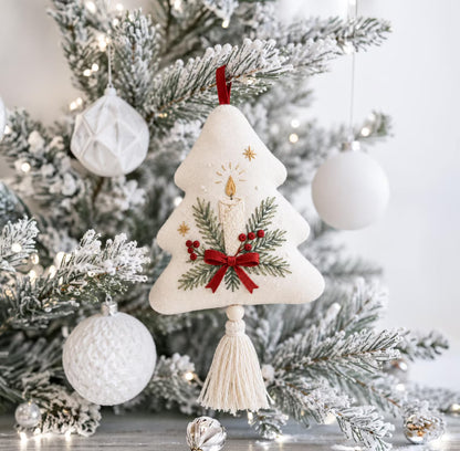 Hand Embroidered Christmas Tree Ornament, Candle & Pine Branches with Red Bow, Linen Tassel, Farmhouse Christmas Decor, Holiday Gift for Her