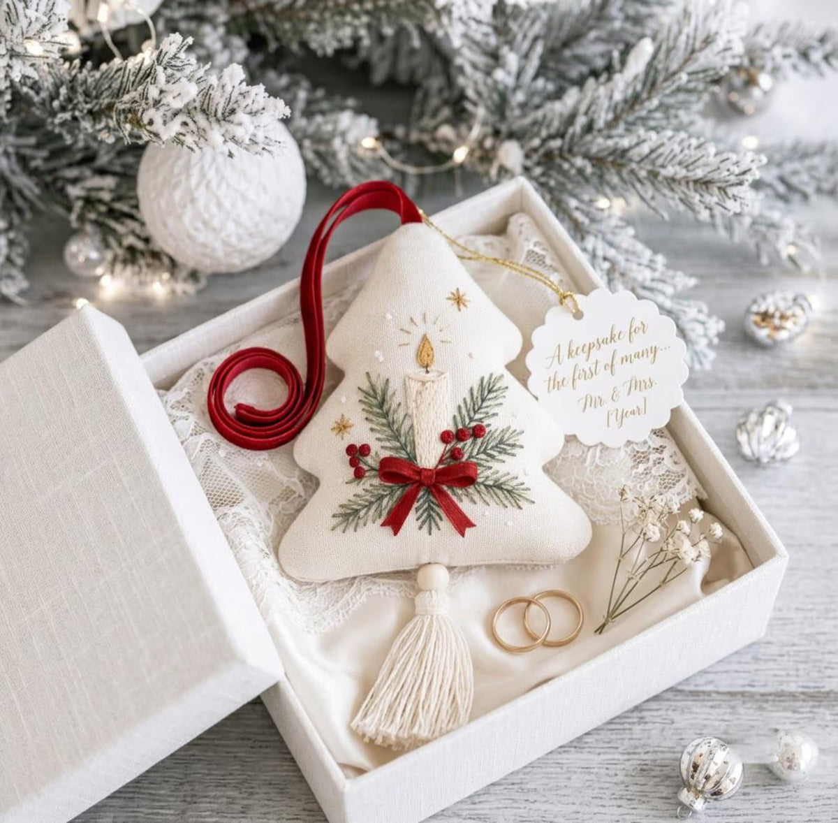 Hand Embroidered Christmas Tree Ornament, Candle & Pine Branches with Red Bow, Linen Tassel, Farmhouse Christmas Decor, Holiday Gift for Her
