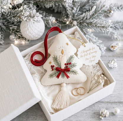 Hand Embroidered Christmas Tree Ornament, Candle & Pine Branches with Red Bow, Linen Tassel, Farmhouse Christmas Decor, Holiday Gift for Her