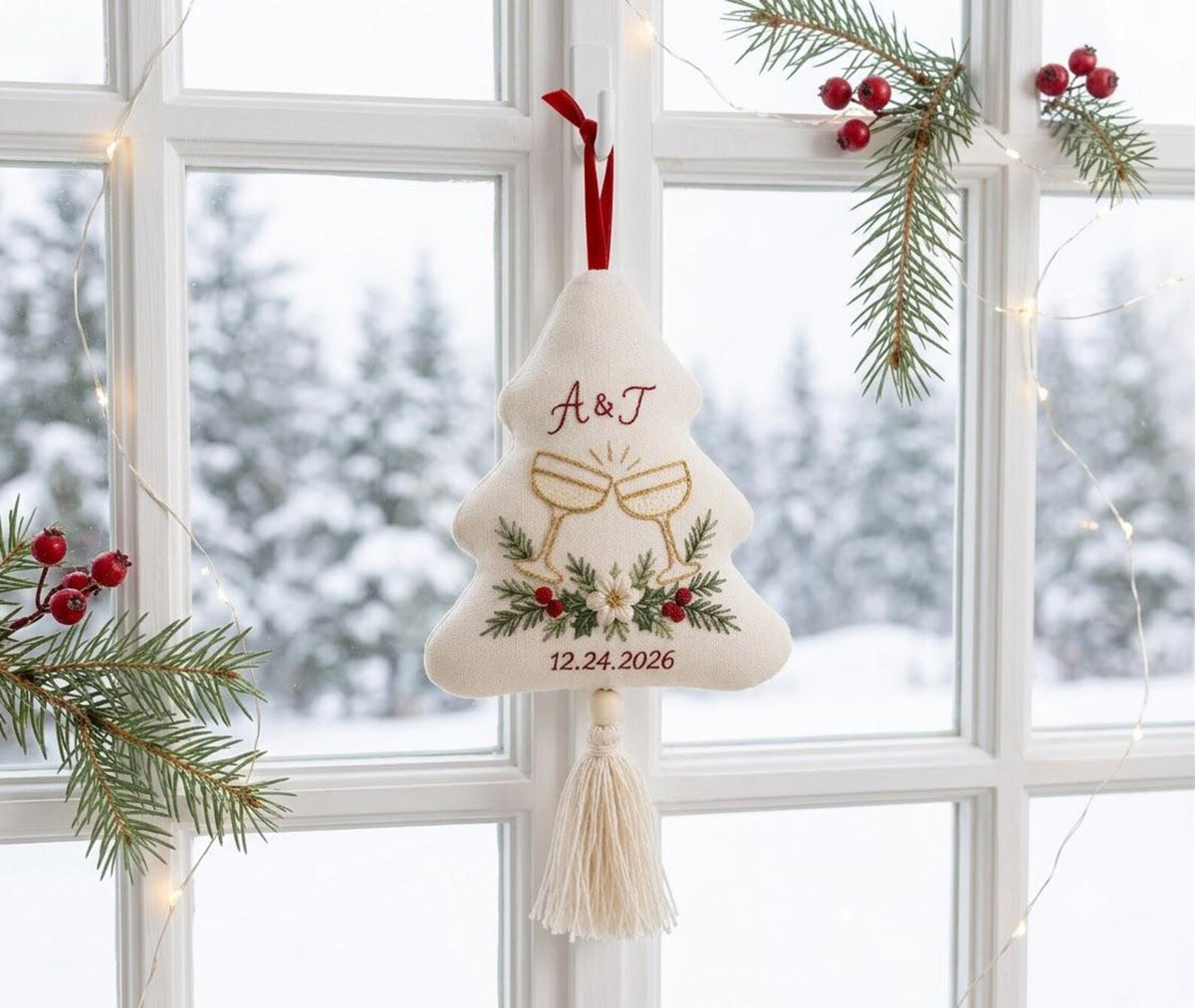 Personalized Christmas Tree Wedding Ornament, Hand Embroidered Champagne Glasses, Pine & Berries, Custom Initials Date, Newlywed Gift
