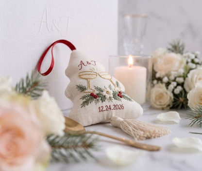 Personalized Christmas Tree Wedding Ornament, Hand Embroidered Champagne Glasses, Pine & Berries, Custom Initials Date, Newlywed Gift