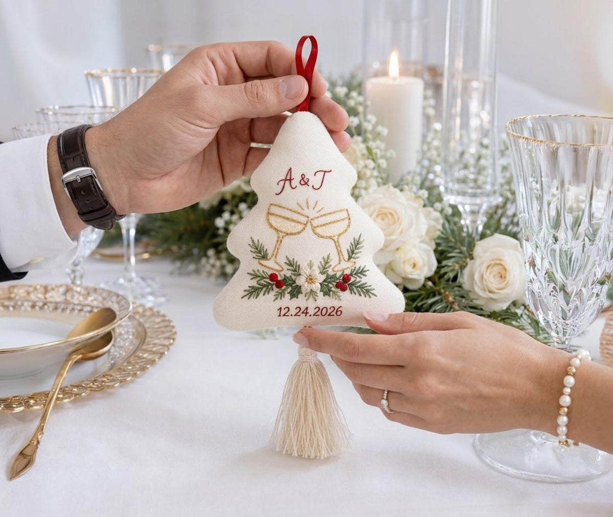 Personalized Christmas Tree Wedding Ornament, Hand Embroidered Champagne Glasses, Pine & Berries, Custom Initials Date, Newlywed Gift