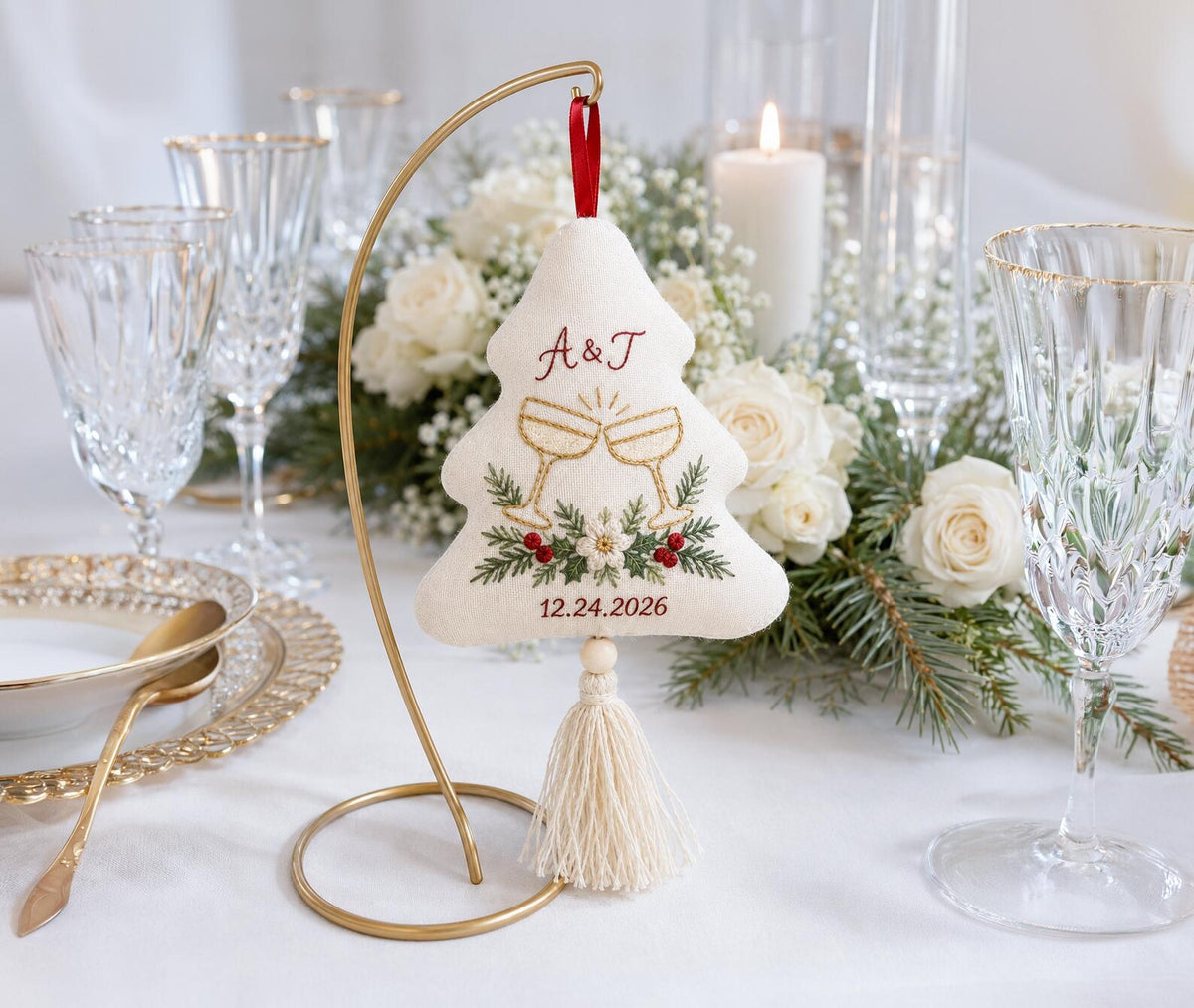 Personalized Christmas Tree Wedding Ornament, Hand Embroidered Champagne Glasses, Pine & Berries, Custom Initials Date, Newlywed Gift