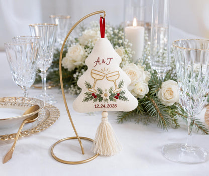 Personalized Christmas Tree Wedding Ornament, Hand Embroidered Champagne Glasses, Pine & Berries, Custom Initials Date, Newlywed Gift