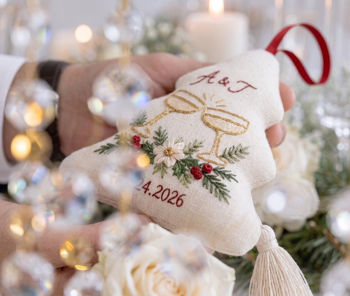 Personalized Christmas Tree Wedding Ornament, Hand Embroidered Champagne Glasses, Pine & Berries, Custom Initials Date, Newlywed Gift
