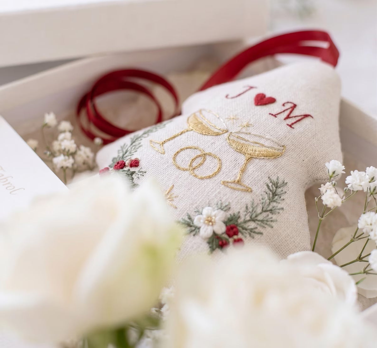 Personalized Christmas Wedding Ornament, Hand Embroidered Champagne Glasses & Rings, Holly, Custom Initials Date, Newlywed Gift