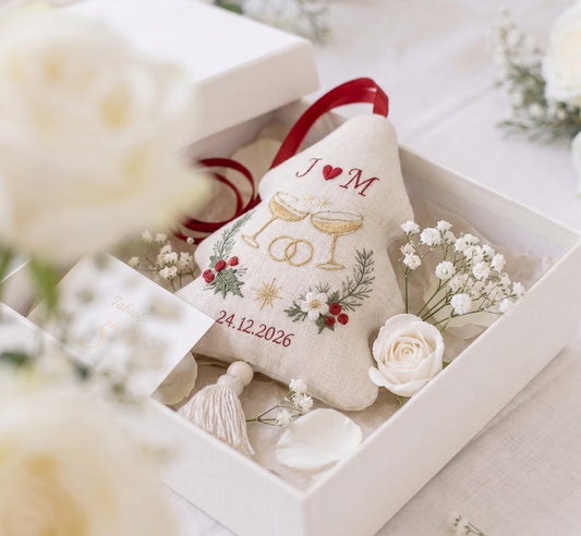 Personalized Christmas Wedding Ornament, Hand Embroidered Champagne Glasses & Rings, Holly, Custom Initials Date, Newlywed Gift