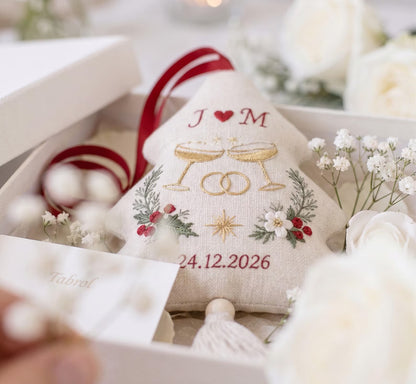 Personalized Christmas Wedding Ornament, Hand Embroidered Champagne Glasses & Rings, Holly, Custom Initials Date, Newlywed Gift