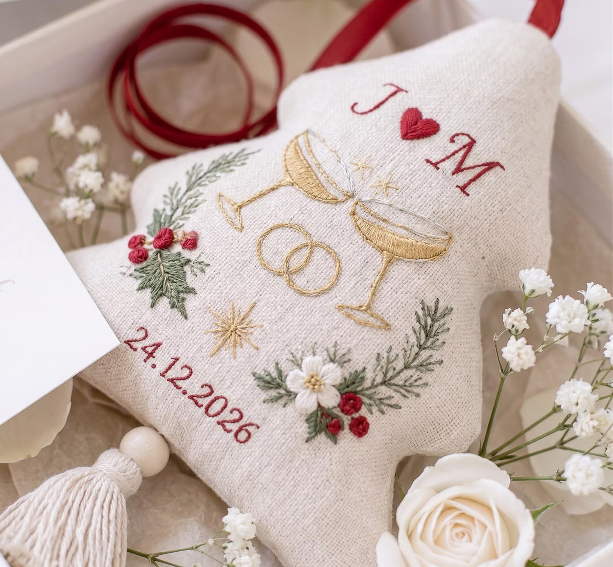 Personalized Christmas Wedding Ornament, Hand Embroidered Champagne Glasses & Rings, Holly, Custom Initials Date, Newlywed Gift