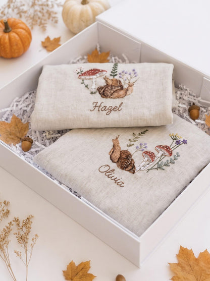 Personalized Sibling Aprons, Matching Kids Linen Apron Set, Hand Embroidered Squirrel & Mushroom Woodland, Custom Name Sister Gift